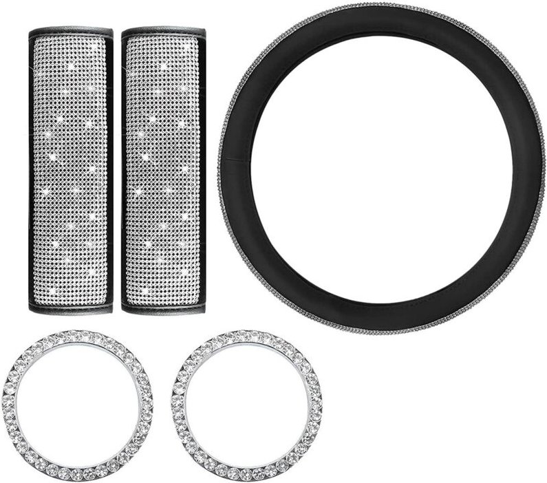 Thumbnail - Tlily - Universal-Auto-Lenkradbezug aus Kristall, Diamant-Lenkrad-Set mit Sicherheitsgurt-Schulterpolster, Strass-Startr...