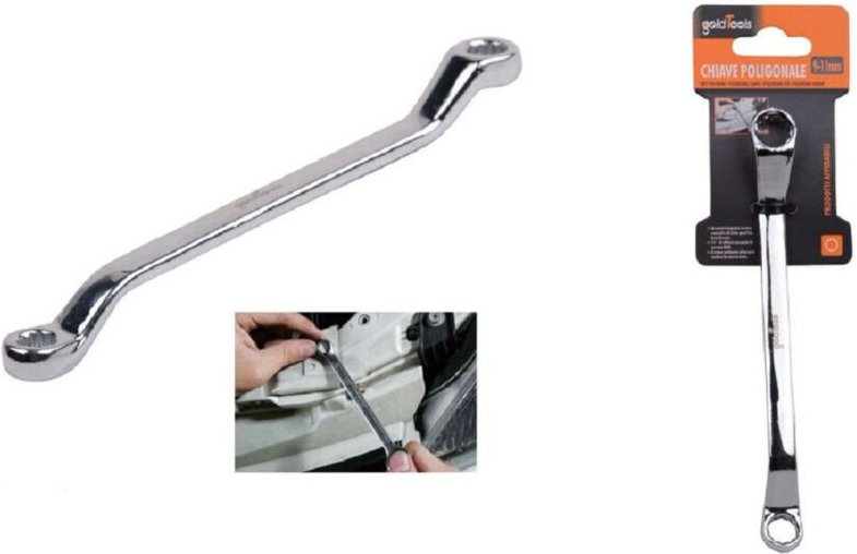 Trade Shop Traesio - Trade Shop - Doppelt gebogener Schraubenschlüssel mit polygonalem Kopf, 9-11 mm, verchromter Sternr...