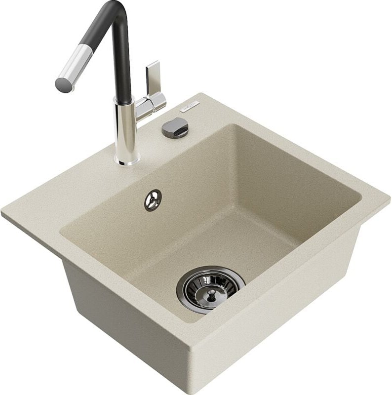 Mexen Milo 1-Becken-Granitspüle mit Mischbatterie Flora, Beige - 6505-69-670401-07-B