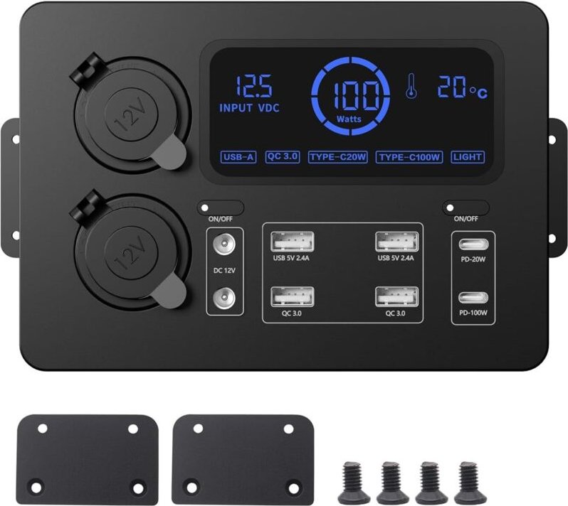 12 V 100 W Mini-Powerbox mit LCD-Display, LED-Leuchten, USB-C- und QC3.0-Anschlüssen, tragbarer Steuer-Hub für Wohnmobil...