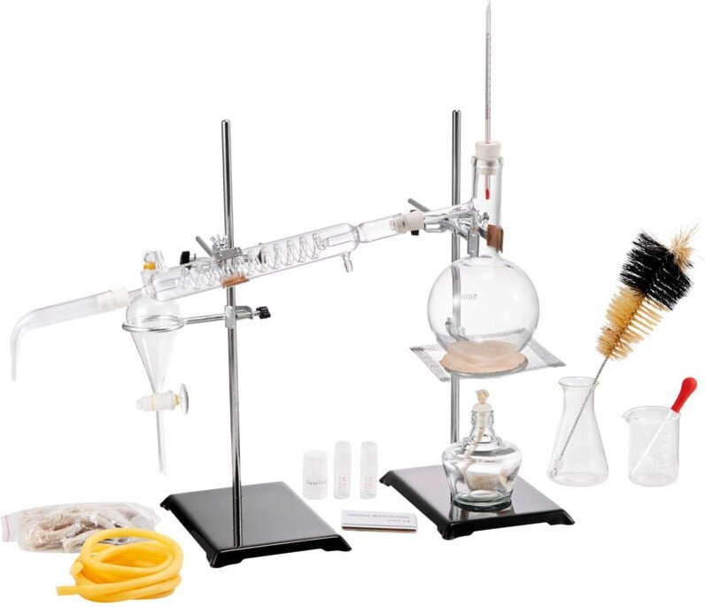 500 ml Destillationsset für ätherische Öle, 3.3 Boro-Glasgerät mit Alkohollampe, Keramiknetz, 24/40-Verbindung, 28-teili...