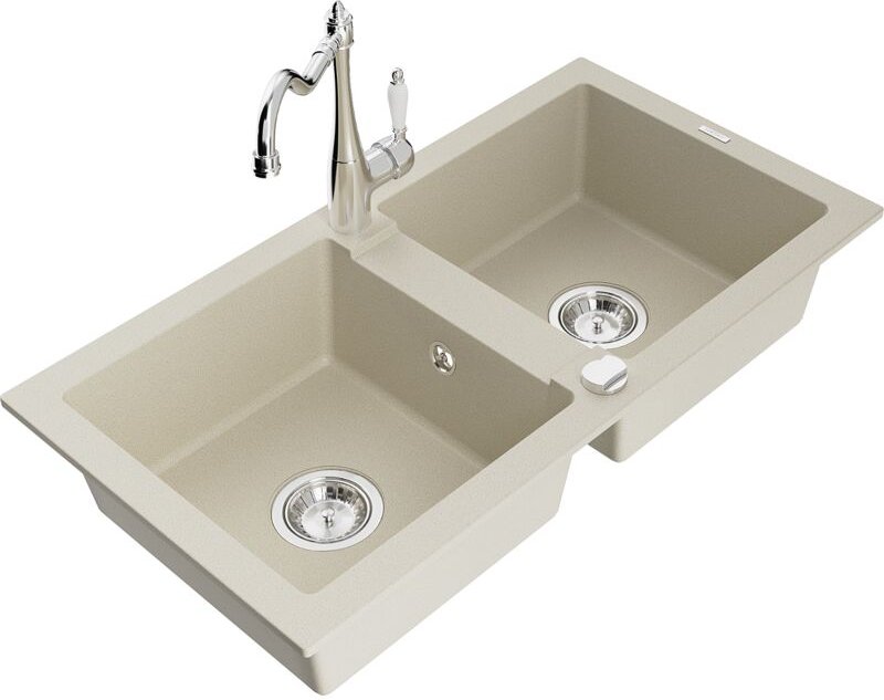 Mario 2-Becken-Granitspüle mit Mischbatterie Carla, Beige - 6504-69-670700-00 - Mexen