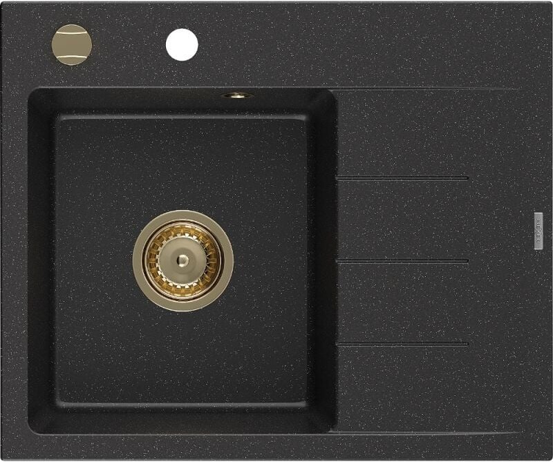 Ben Granitspüle 1-Becken mit linker Abtropffl√§che 600 x 500 mm, schwarz/silber metallic, goldener Siphon - 6522605000-7...