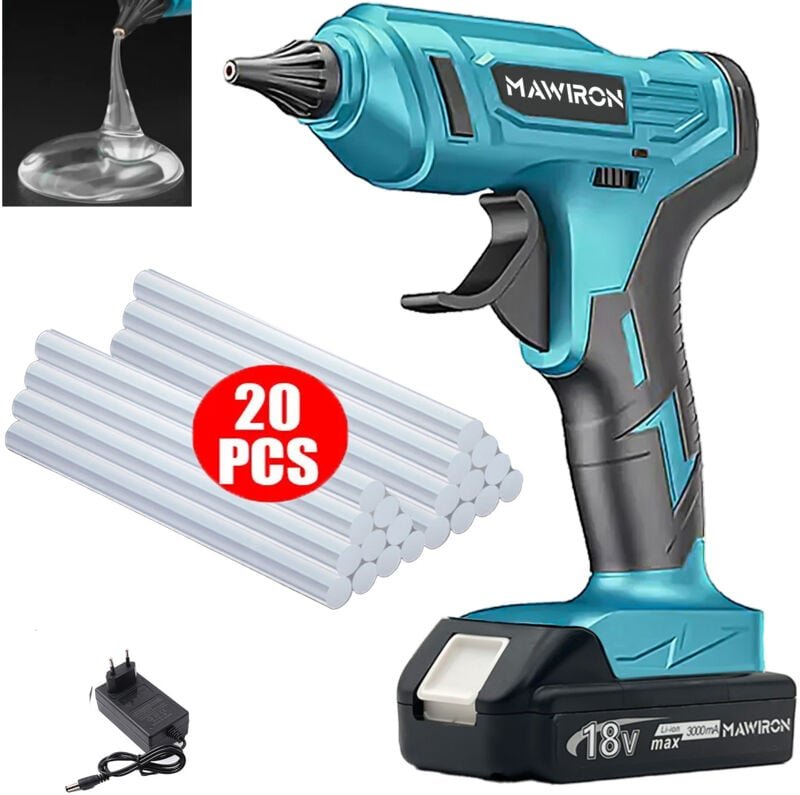 100-W-Akku-Heißklebepistole für Haus und Garten, Mini-Klebepistole + 20 Stück 11-mm-Klebestifte + 1x 3,0-A-Akku + Ladege...