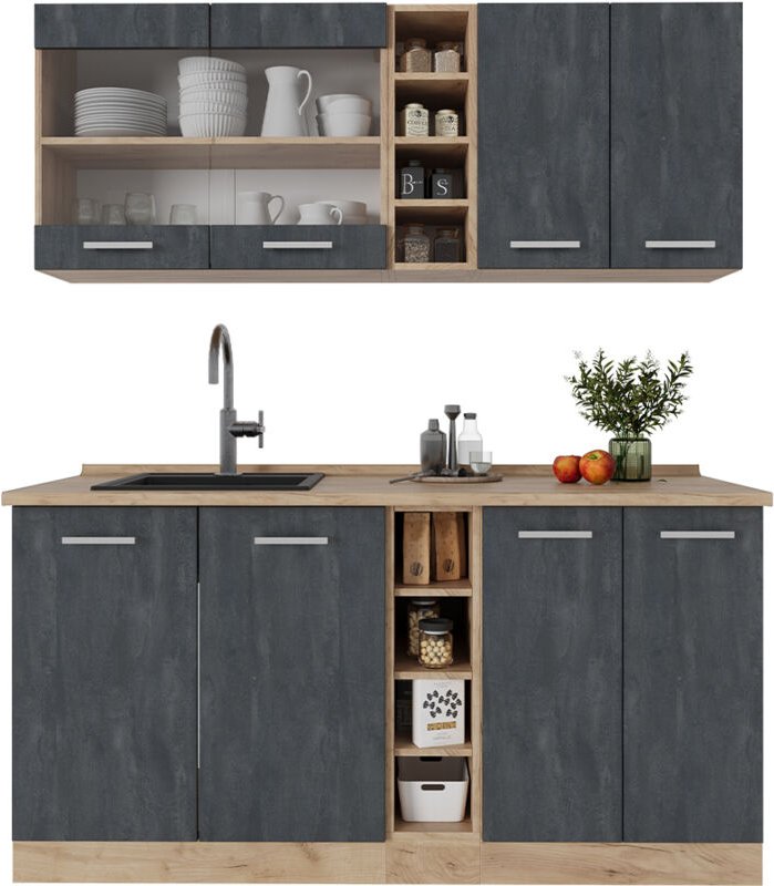 Vicco - Mini-Küche R-Line, Schwarz Beton/Goldkraft Eiche, 160 cm ohne Arbeitsplatte