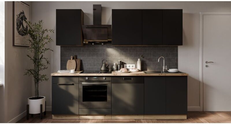 Küche ARIA K-AR Basic 250 cm Anti Fingerprint Küchenzeile Küchenblock Singleküche EinbaukücheBLACK - AFM