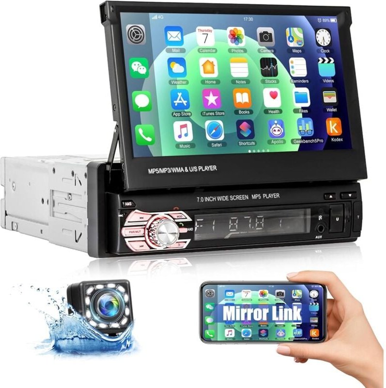 1-Din-Autoradio mit Bluetooth und Mirror Link für iOS/Android, 7 Zoll motorisierter und ausziehbarer Touchscreen mit Blu...