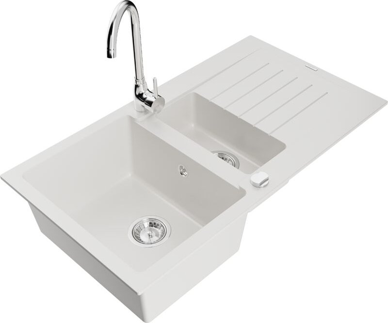 Matias 1,5-Becken-Granitspüle mit Abtropffläche und Mischbatterie Telma, Weiß - 6502-20-670200 - Mexen