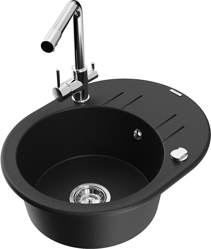 Kevin 1 Becken-Granitspüle mit Abtropffl√§che und Mischbatterie Duero, Schwarz - 6517-77-671600-00 - Mexen