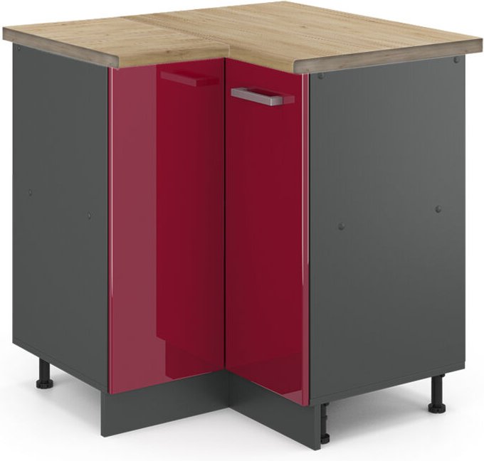 Vicco - Eckunterschrank R-Line, Bordeaux Hochglanz, 75.6 cm, ap Eiche