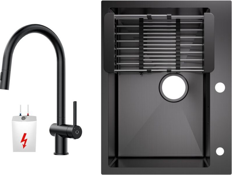 Küchenspüle aus Edelstahl 60x45cm Aufsatzwaschbecken Anthrazitschwarz + Ausziehbarer Niederdruck-Küchenarmatur Schwarz H...