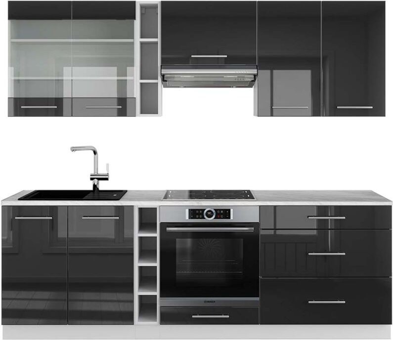 Vicco - Küchenzeile Fame-Line, Anthrazit Hochglanz/Weiß, 235 cm , ap Marmor