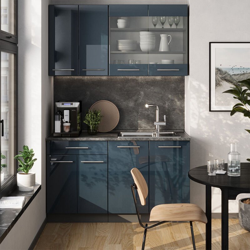 Thumbnail - Vicco - Singleküche Fame-Line, Dunkelblau Hochglanz/Anthrazit, 140 cm , ap Marmor