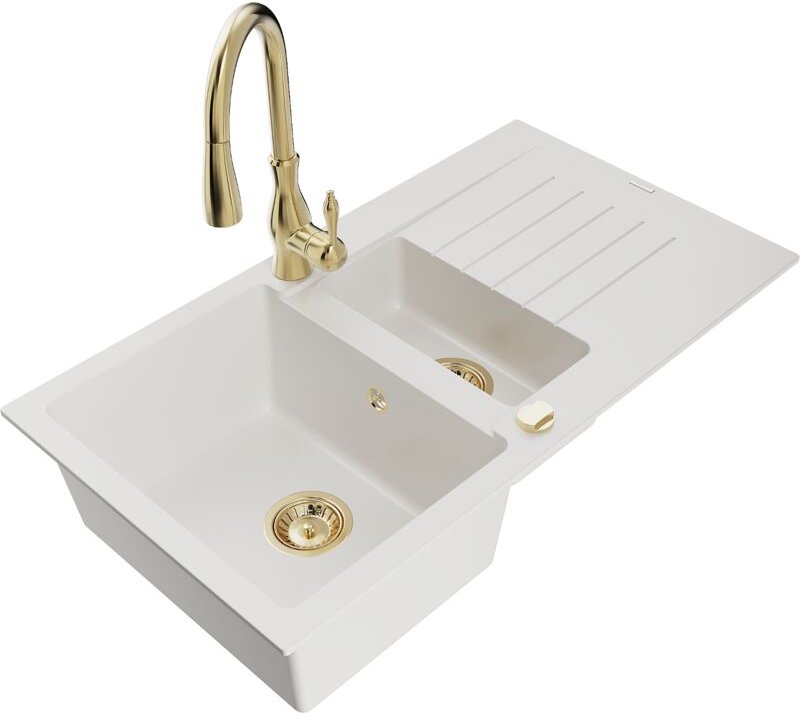 Matias 1,5-Becken-Granitspüle mit Abtropffläche und Mischbatterie Savita, Weiß - 6502-20-67260 - Mexen