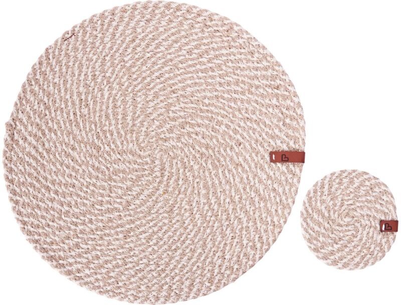6 Personen Tischset mit Untersetzern Naturfarben / Beige Jute u. Baumwolle Geflochten Rund ⌀ 35 cm 12-Teilig Handmade Bo...
