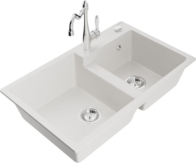 Tomas 2-Becken-Granitspüle mit Mischbatterie Carla, Wei√ü - 6516-20-670700-00 - Mexen