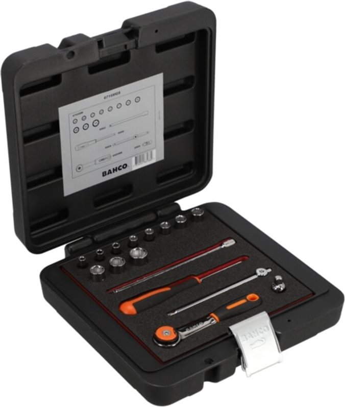 Bahco 1/4 Steckschlüssel-Satz, metrisch, Sechskantprofil, inklusive Umschaltknarre mit rundem Kopf/Verlängerung - 16-tlg...