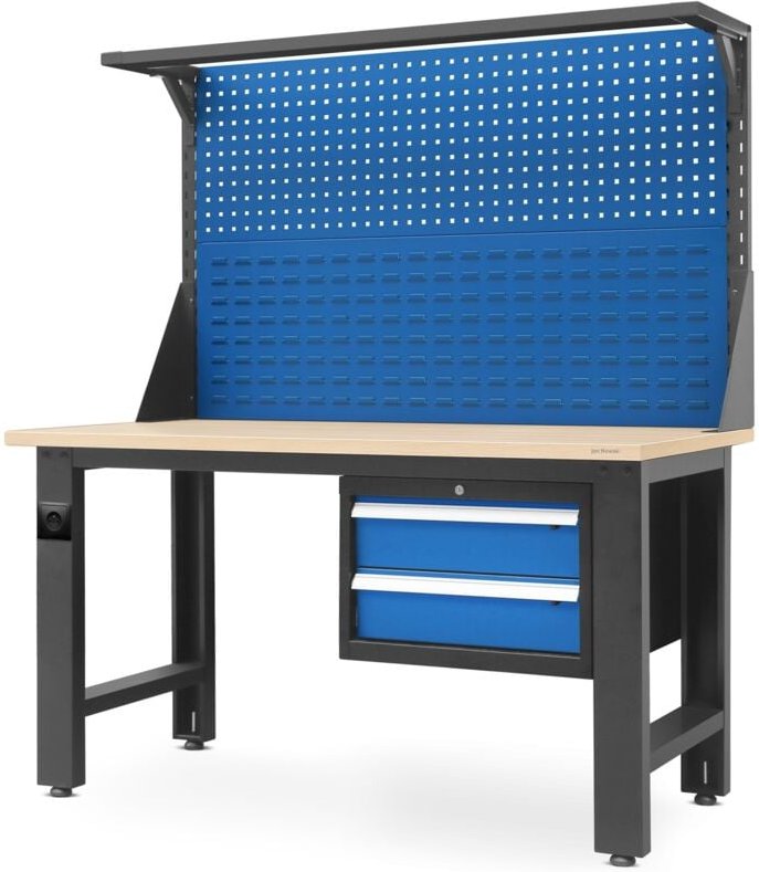 Werkbank mit Werkzeuglochwand Werktisch mit 2 Schubladenc Steckdose Metall mdf Tischplatte Belastbar bis 600 kg Pulverbe...