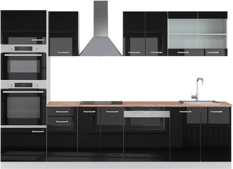 Thumbnail - Vicco - Küchenzeile R-Line, Schwarz Hochglanz/Weiß, 300 cm mit Hochschrank, ap Eiche