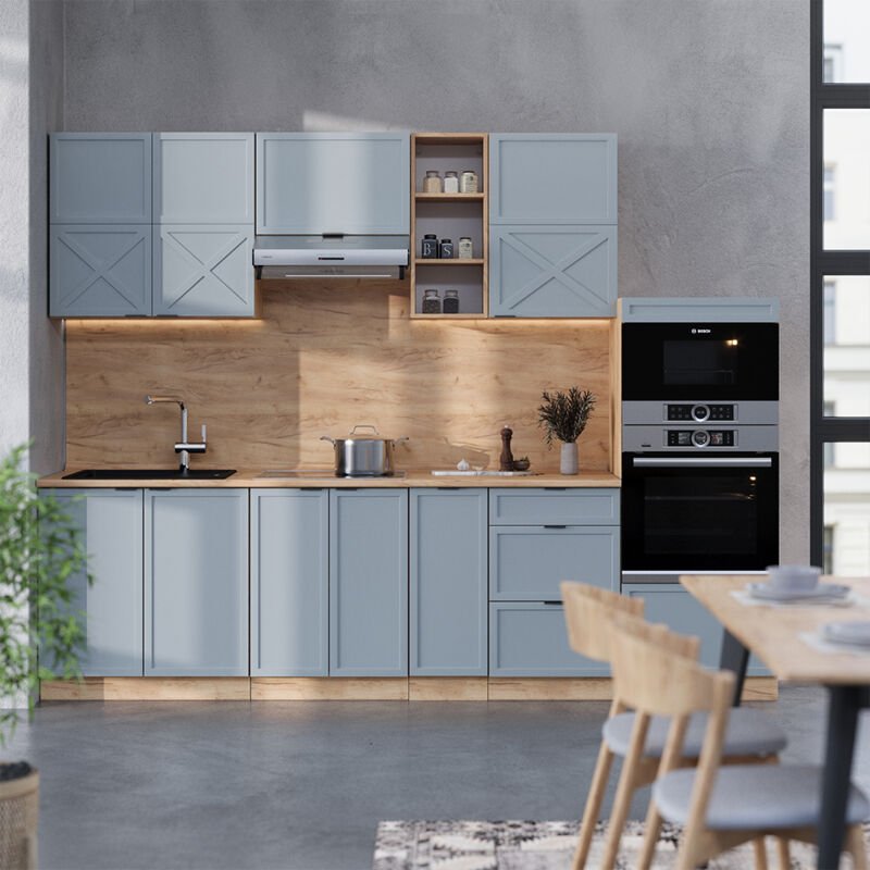 Küchenzeile Fame-Line, Hellblau-grau/Goldkraft Eiche, 280 cm , AP Anthrazit, Vicco