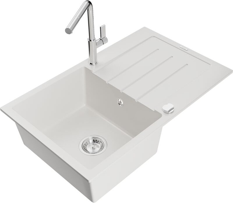 Bruno 1 Becken-Granitspüle mit Abtropffläche und Mischbatterie Flora, Weiß - 6513-20-670401-00 - Mexen