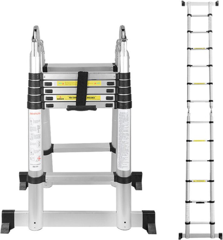 TolleTour Teleskopleiter Ausziehleiter Klappleiter Stabil Aluminium Stehleiter bis 150kg 1.9m+1.9m Silber ohne haken