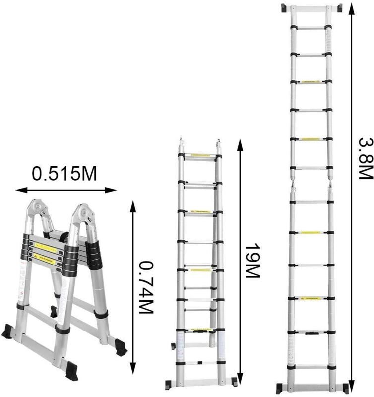 SWANEW 3.8M Teleskopleiter, Ausziehbare Leiter Rutschfester, Aluminium Klappleiter Stehleiter, Ausziehleiter Mehrzweckle...