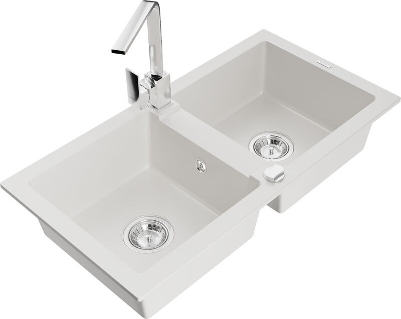 Mario 2-Becken-Granitspüle mit Mischbatterie Rita, Weiß - 6504-20-670300-00 - Mexen
