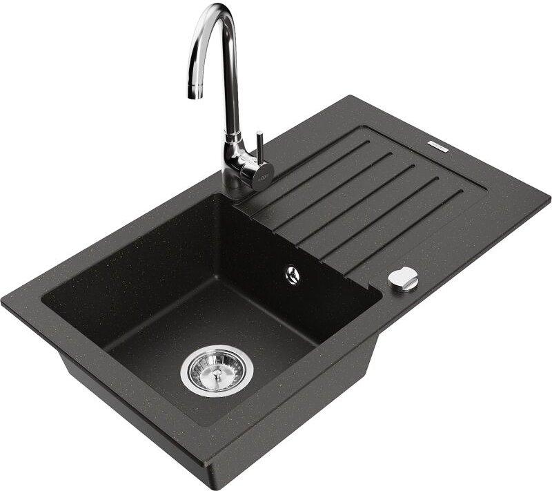 Pablo 1 Becken-Granitspüle mit Abtropffl√§che und Mischbatterie Telma, Schwarz/Gold - 6510-75-670200-00 - Mexen