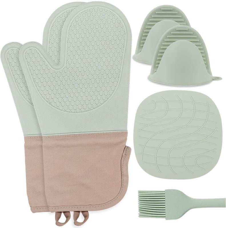 Hitzebeständige Silikon-Ofenhandschuhe – Set mit 6 Silikon-Küchenhandschuhen, hitzebeständig zum Grillen (Mintgrün).