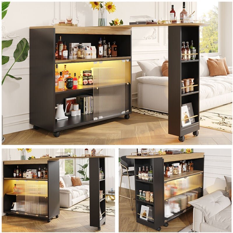 Ausziehbarer Bartisch mit Stauraum, moderner mobiler Stehtisch, Teleskop-Stehtisch mit led, Bartisch, Bistrotisch, Steht...