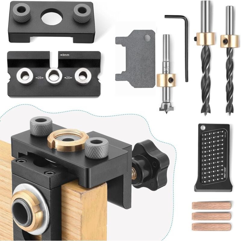 8/10/15 mm Bohrlehre, 3-in-1-Holzbohrführungssatz mit Positionierungsclip, einstellbarem Bohrführungsfinder und Skala