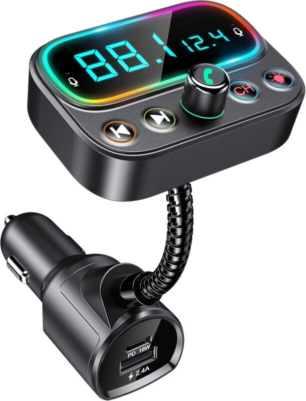 Auto-Bluetooth, schneller USB-C-18-W-Bluetooth-5.0-FM-Transmitter mit 9 Hintergrundbeleuchtungsfarben, 2,0-Zoll-Bildschi...