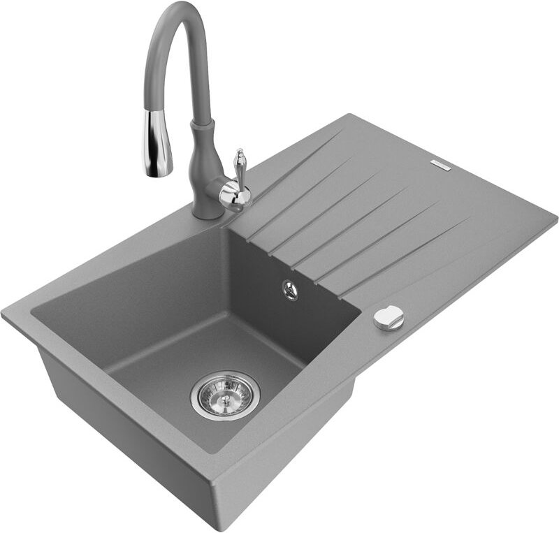 Cesar 1 Becken-Granitspüle mit Abtropffläche und Mischbatterie Savita, Grau - 6514-71-672601-7 - Mexen