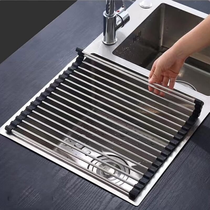 Thumbnail - ZVD - Egouttoir Vaisselle inox Noir Cuisine Séchoir à Rouleaux Repliable et Amovible en Acier Inoxydable pour Évier 43CM...