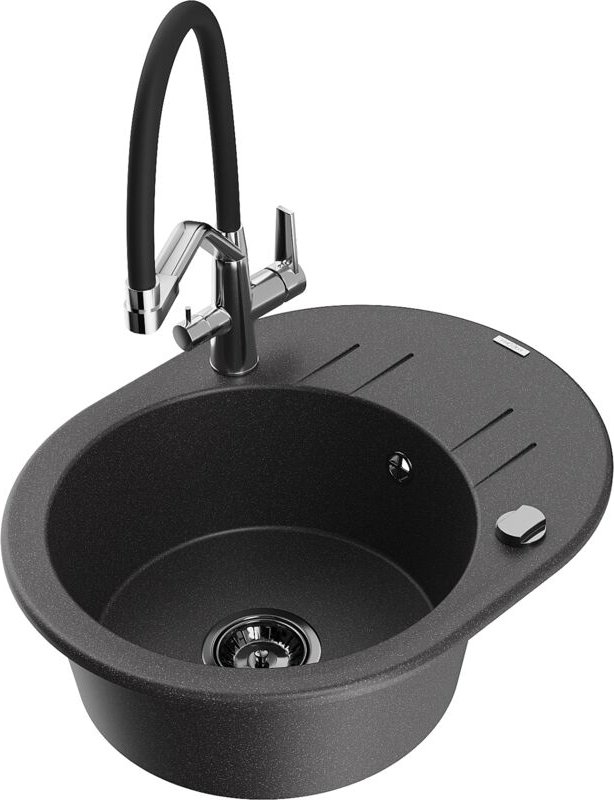 Kevin 1-Becken-Granitspüle mit Mischbatterie Duo, Schwarz gesprenkelt - 6517-76-671701-07-B - Mexen