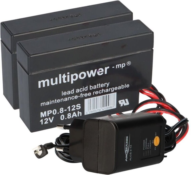 Ladegerät mit 2x Blei-Akku 12V 0,8Ah MP0.8-12H JST-Stecker