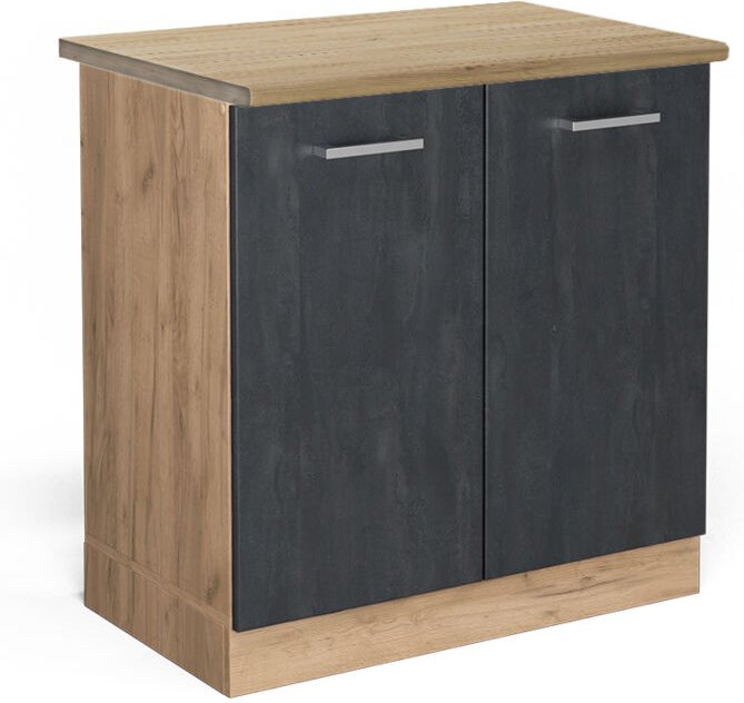 Vicco - Stehender Küchenschrank R-Line, Schwarz Beton, 80 cm ap Eiche
