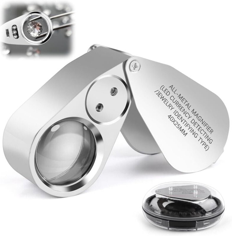 Gabrielle - 40-fache Juwelierlupe, Handlupe aus Edelstahl, Metall mit LED-Lichtlupe, für Diamanten, Schmuck, Münzen, Sch...