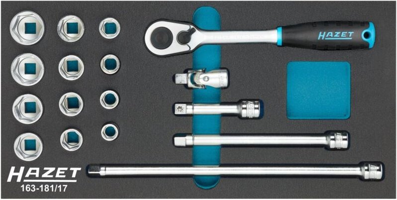 Hazet Steckschlüssel Satz, Vierkant hohl 10 mm (3/8), Außen-Sechskant-Tractionsprofil, Anzahl Werkzeuge: 17, Art.Nr. 163...