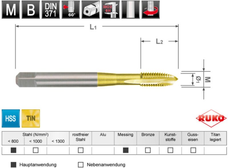 Ruko - Maschinengewindebohrer m din 371 HSS-TiN, Form b, m 4