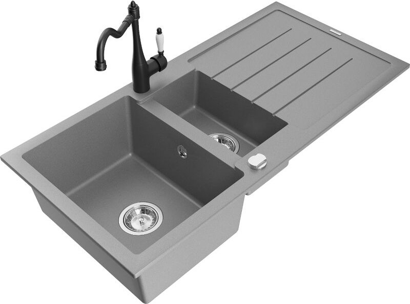 Andres 1,5-Becken-Granitspüle mit Abtropffl√§che und Mischbatterie Carla, Grau - 6515-71-670700-70 - Mexen