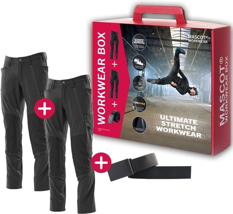 Workwear Box inkl. 2x ultimate stretch Arbeitshose 18479 & gratis Gürtel, Farbe: Schwarz - 09, Größe: 52 - Mascot