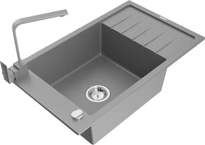 Elias 1 Becken-Granitspüle mit Abtropffläche und Mischbatterie Rita, Grau - 6511-71-670300-71 - Mexen