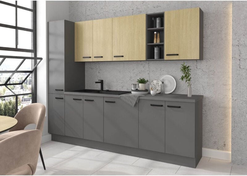 Küchenmöbel Set Scarleta - Islarosa 260 cm mit Hängeschränken Eiche und Anthrazit - Furnix