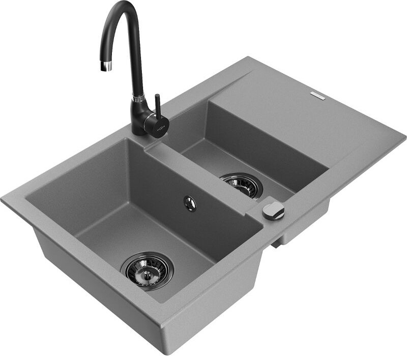 Gaspar 1,5-Becken-Granitspüle mit Abtropffl√§che und Mischbatterie Telma, Grau - 6507-71-670200-70-B - Mexen