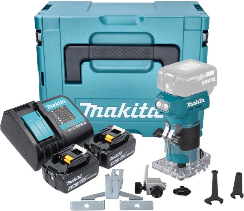 Drt 52 stj Akku Kantenfräse 18 v 6 mm Brushless + 2x Akku 5,0 Ah + Ladegerät + Makpac - Makita