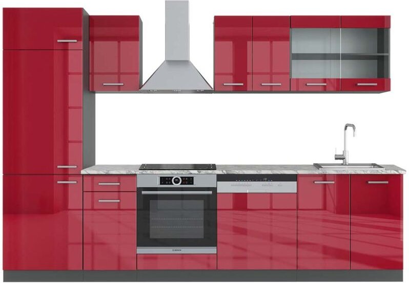 Vicco - Küchenzeile R-Line, Bordeaux Hochglanz/Anthrazit, 300 cm , ap Marmor