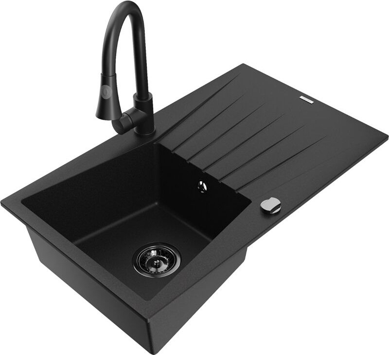 Mexen Cesar 1 Becken-Granitspüle mit Abtropffläche und Mischbatterie Elia, Schwarz - 6514-77-670101-