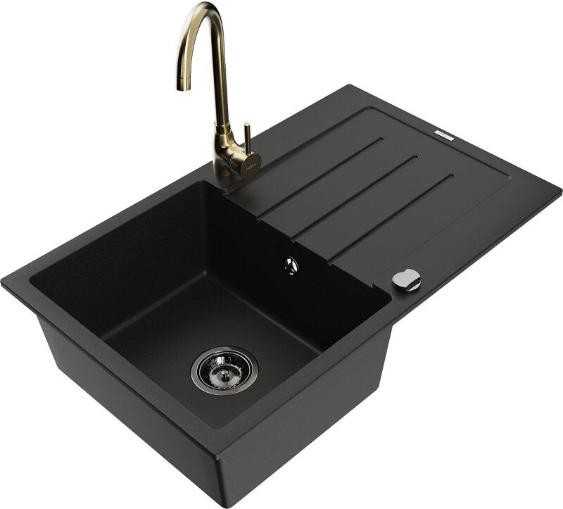 Bruno 1 Becken-Granitspüle mit Abtropffl√§che und Mischbatterie Telma, Schwarz - 6513-77-670200-50-B - Mexen